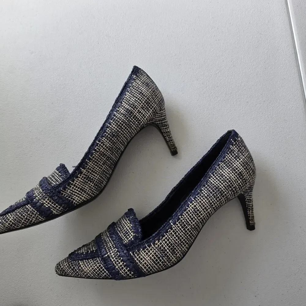Tory Burch Shoes Womens Size 8 Blue Tweed Pointed Toe Loafer Pumps Stiletto